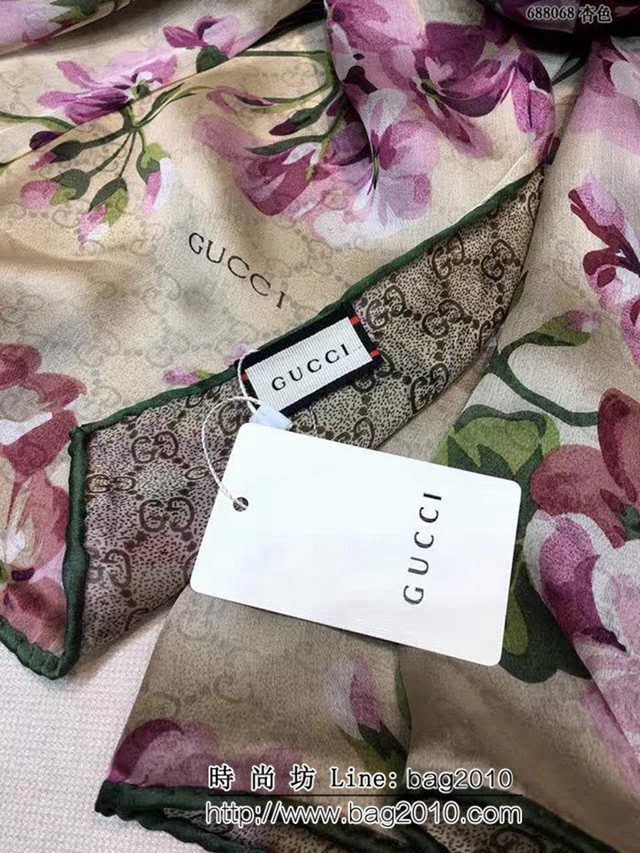 GUCCI古馳經典款 天竺葵雙層雙面印花蠶絲長圍巾 688068 LLWJ6503